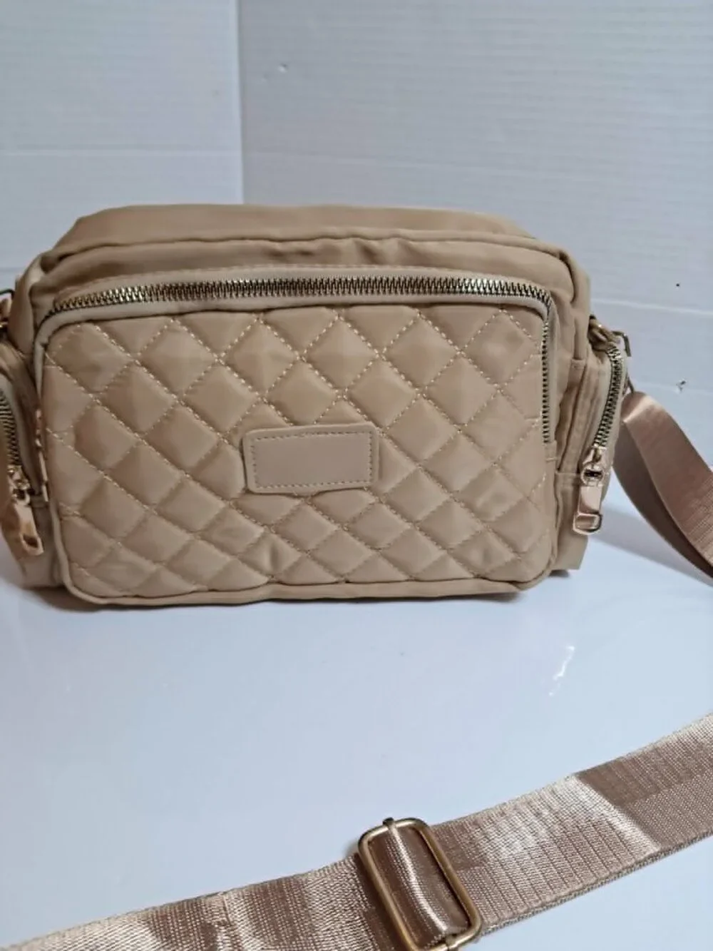 Beige Quilted Nylon Crossbody Shoulder Bag